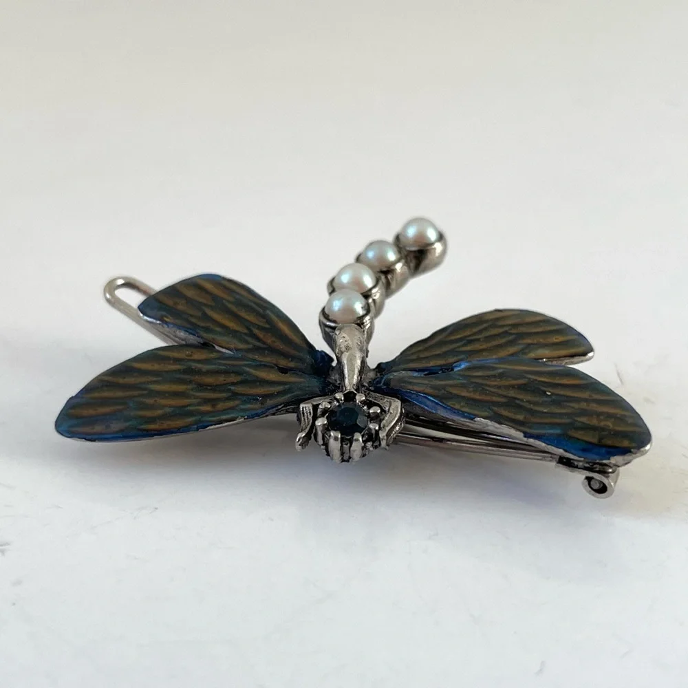 Vintage Gerard Yosca Enamel Dragonfly with Faux Pearls and Faceted Stone Hairpin